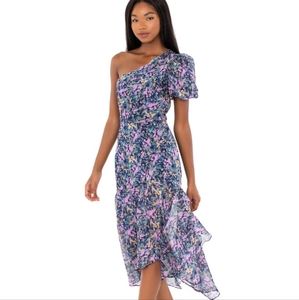ASTR the Label SANTORINI FLORAL ONE SHOULDER MIDI DRESS navy-lilac floral XS